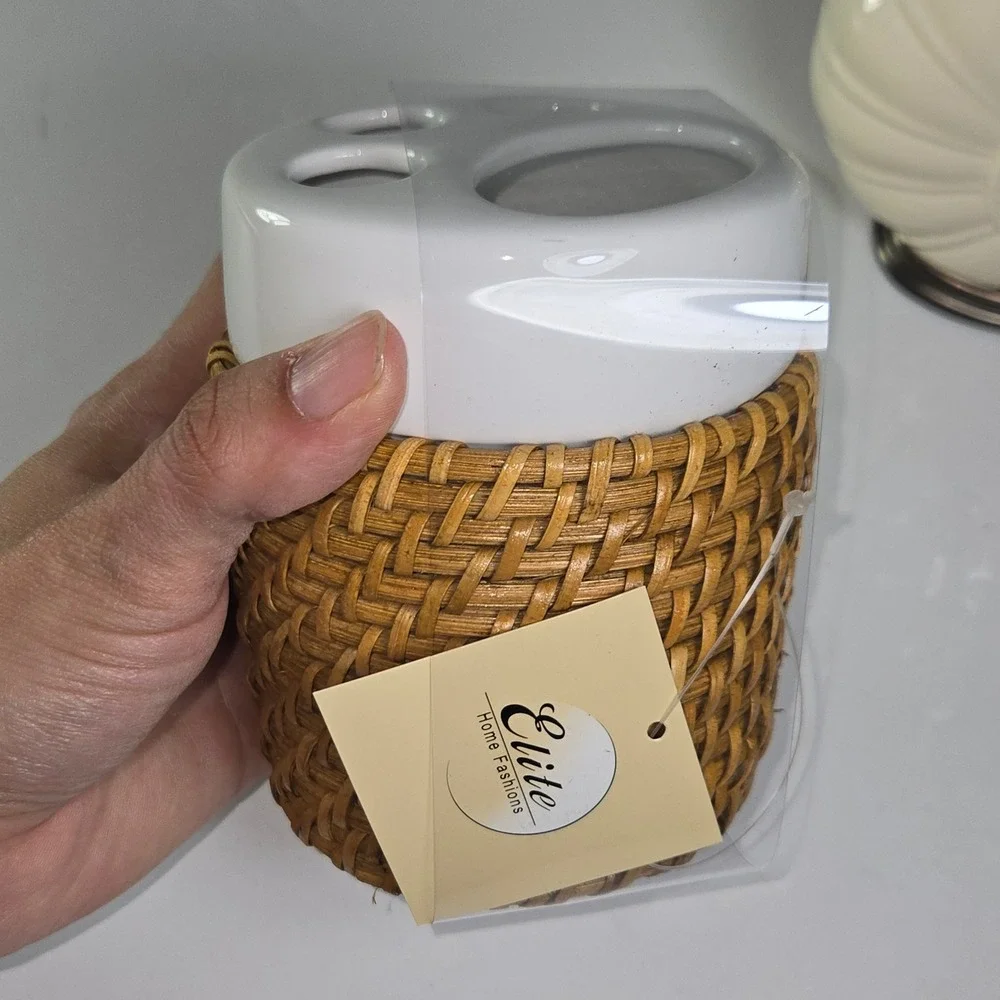 Elite Home Fashions Bathroom Vanity Set Soap Dispenser Toothbrush Holder Cream